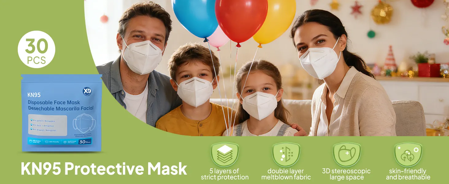 KN95 face mask 30 pack for family, 5-layer protective disposable masks for men and women